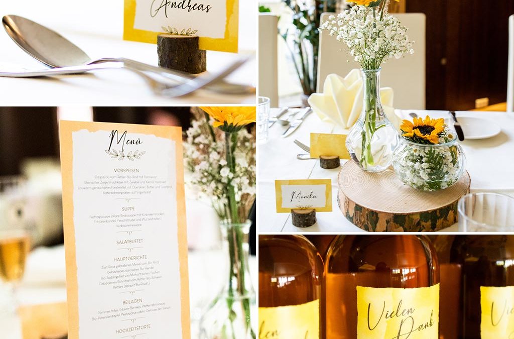 Hochzeit: Tischkarten, Etiketten, Speisekarten