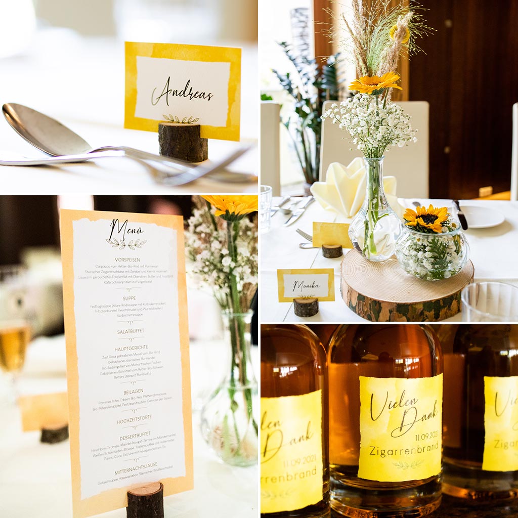 Hochzeit: Tischkarten, Etiketten, Speisekarten Spitzer Grafik